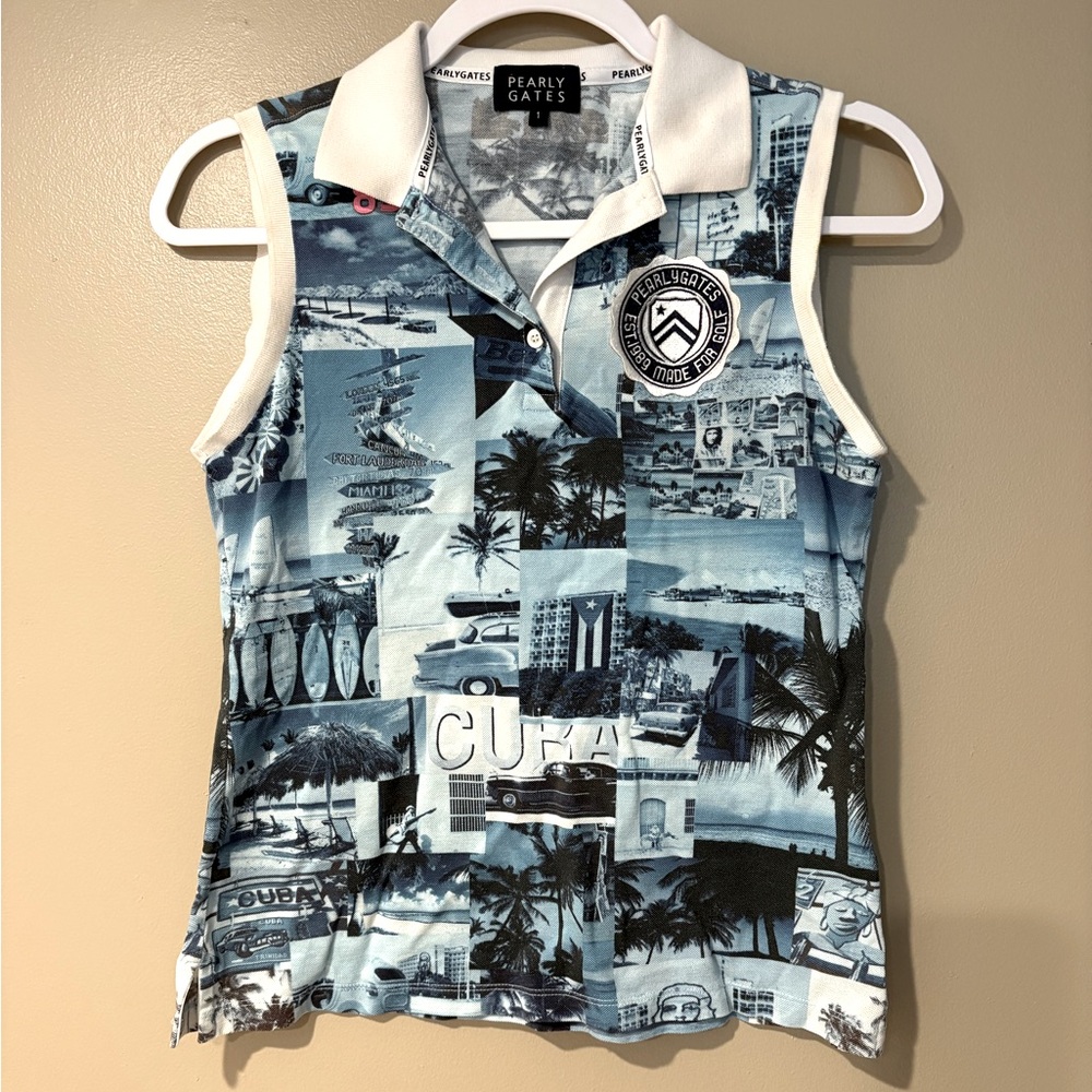 3/$25 Pearly gates collared tropical button up sleeveless golf polo